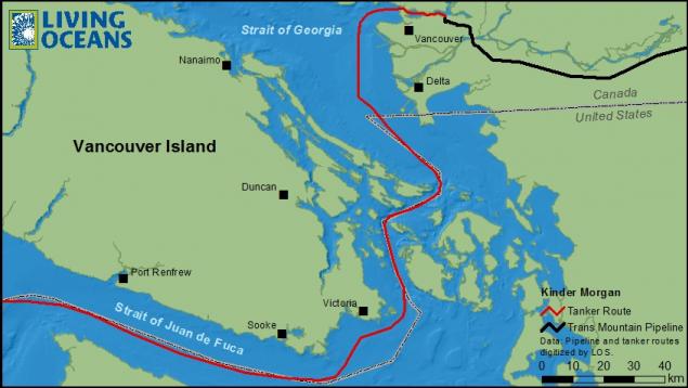 Route proposée de la pipeline de pétrole et des pétroliers pour le projet Kinder Morgan Kinder Morgan's Trans Mountain pipeline and tanker route