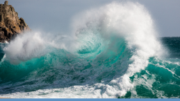 news poster crashing waves green