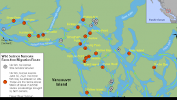 Map of Discovery Islands Salmon Farms closed by Ministerial Order