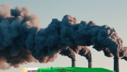 "Take action to keep Canada’s greenwashing rules" photo of belching pollution over industry stacks and a swipe of green paint